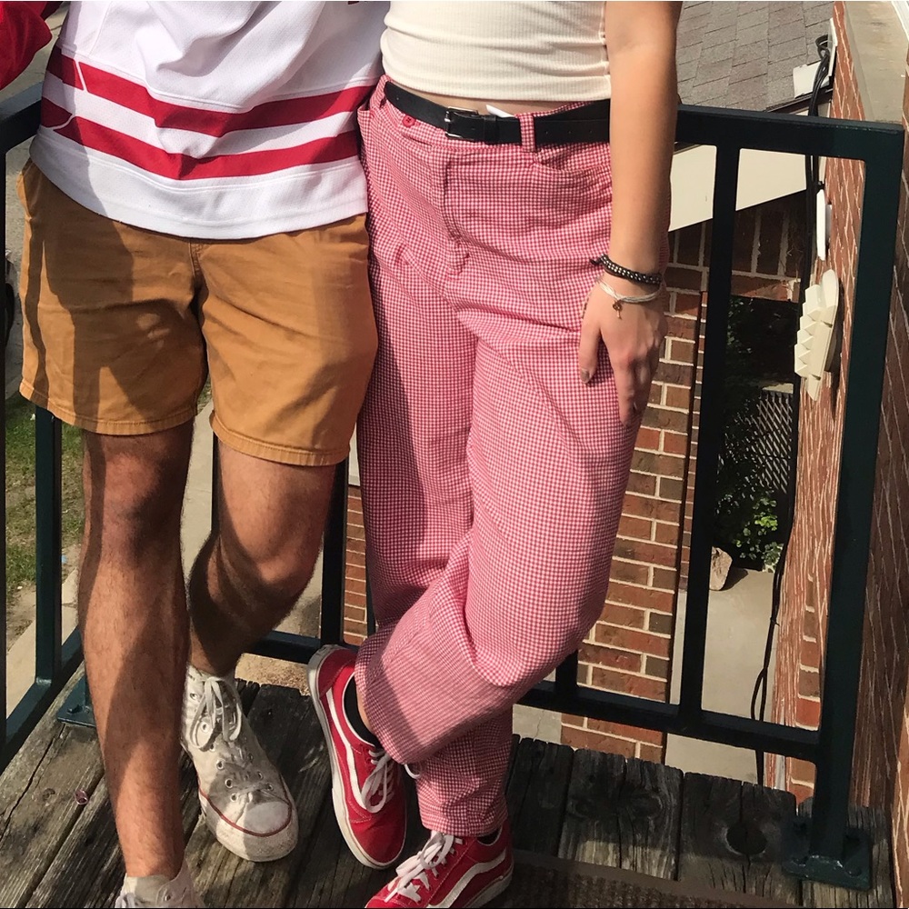 Red checkerboard pants